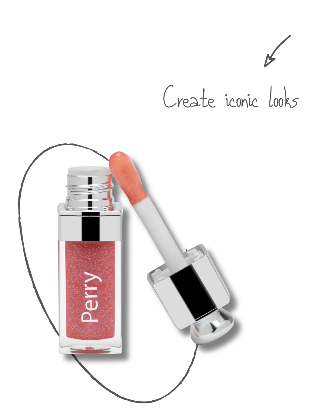 Lip gloss with applicator and 'Perry' branding on a white background