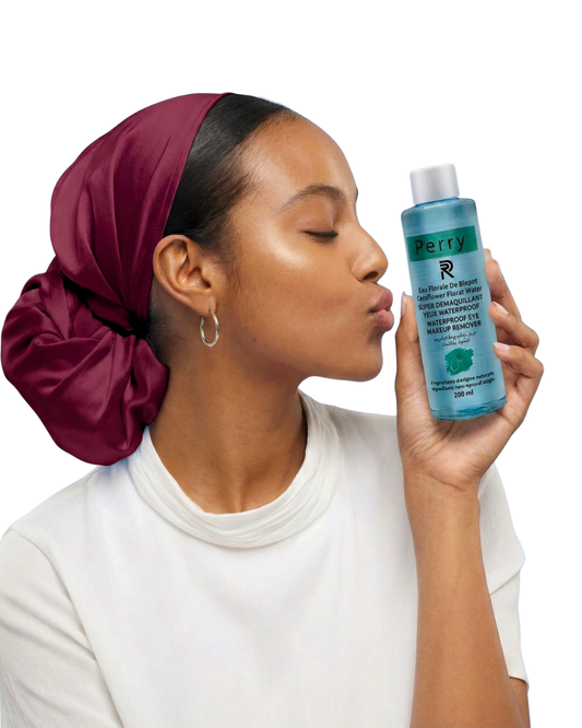 Woman holding a waterproof makeup remover with a white background